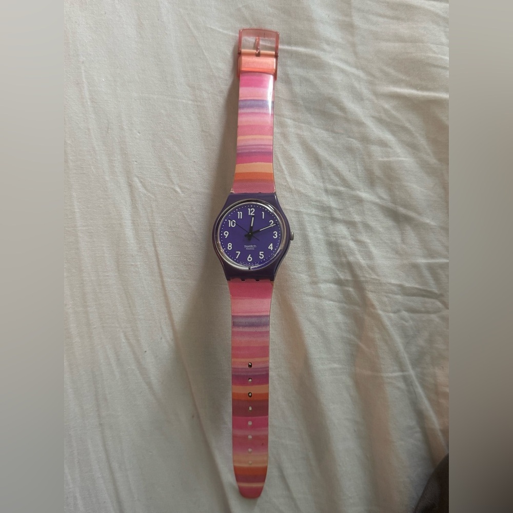 Swatch watch purple face striped band